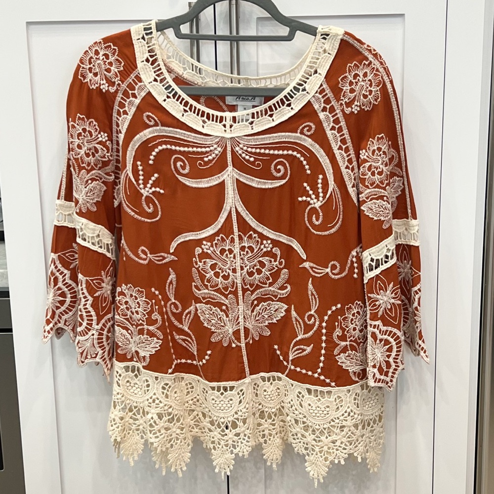 Ania A. Burnt Orange Scalloped Bell Sleeve Embroidered BOHO Top